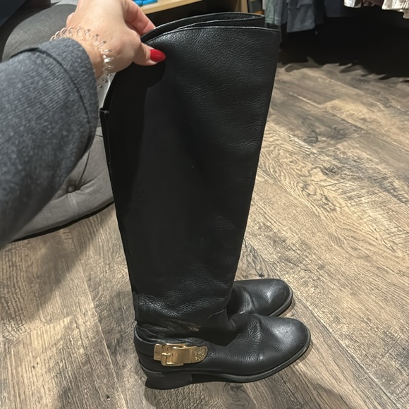 Vince Camuto Black Leather Riding Boots with gold buckles over the knee - Picture 5 of 13